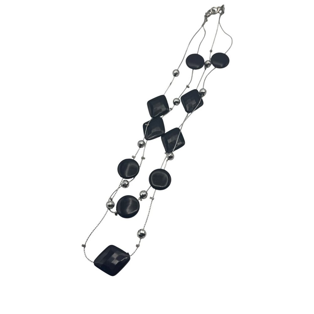 Black Silver Double Strand Bead Necklace 21 Inches Lobster Clasp Stylish Design